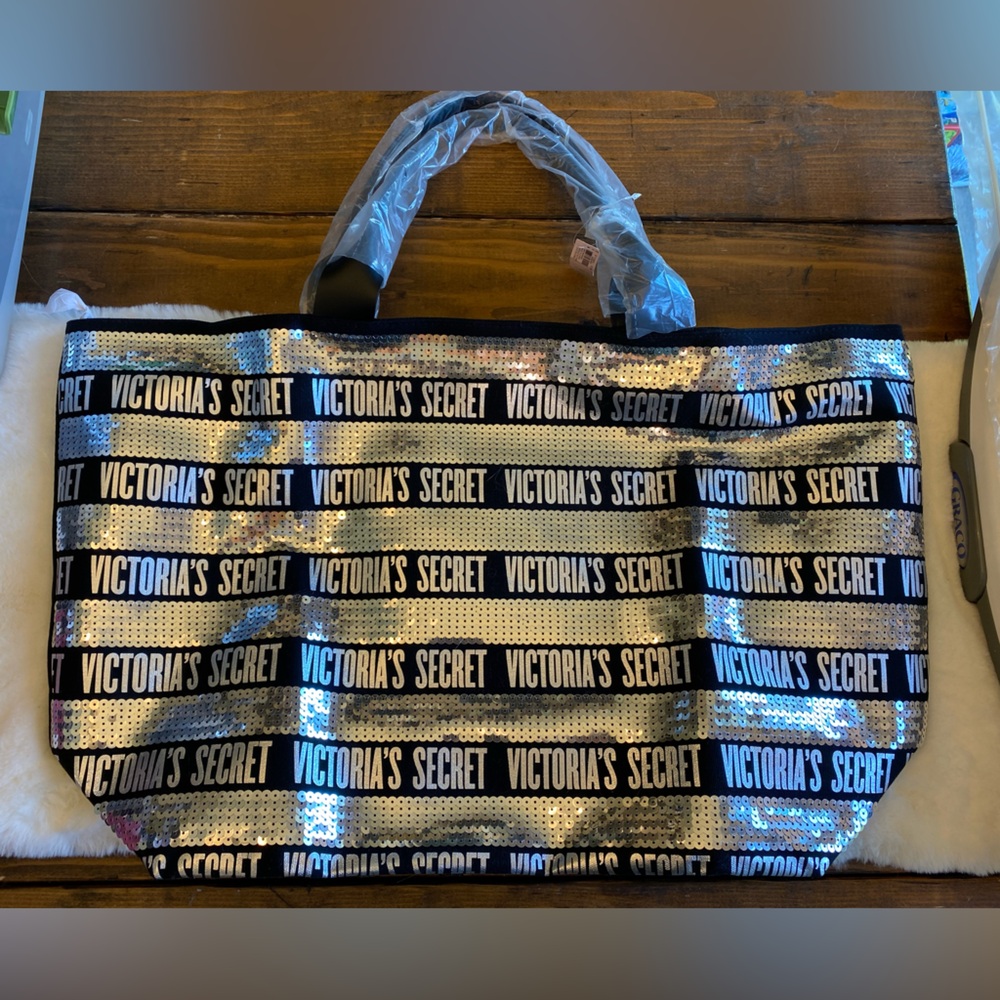 Victoria's Secret Black and Silver Striped Tote